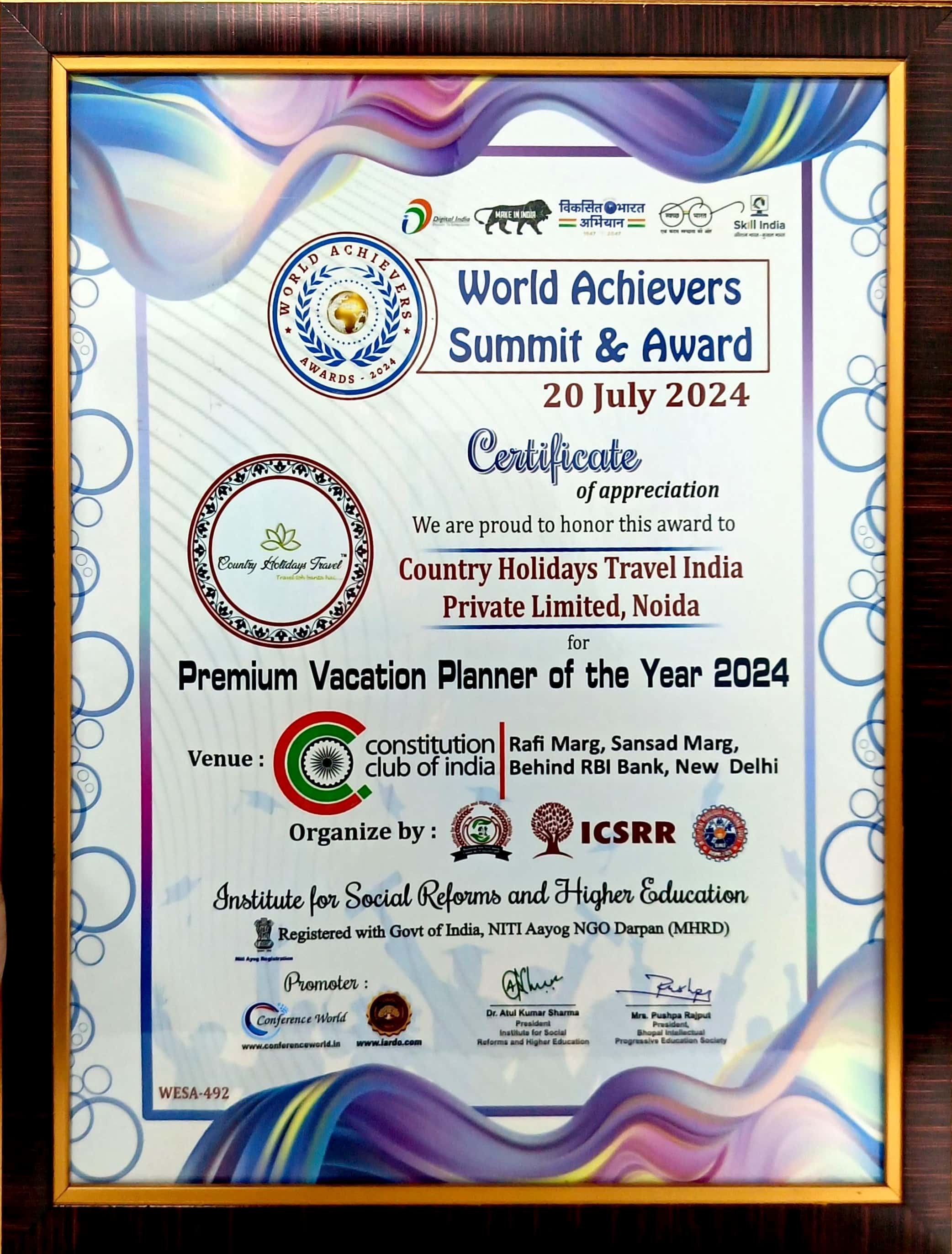Original certificate naming Country Holidays Travel India Premium Vacation Planner of the Year 2024