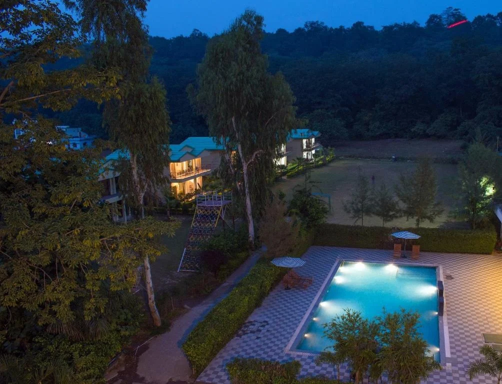 Illuminated outdoor pool with loungers and trees in the evening.
