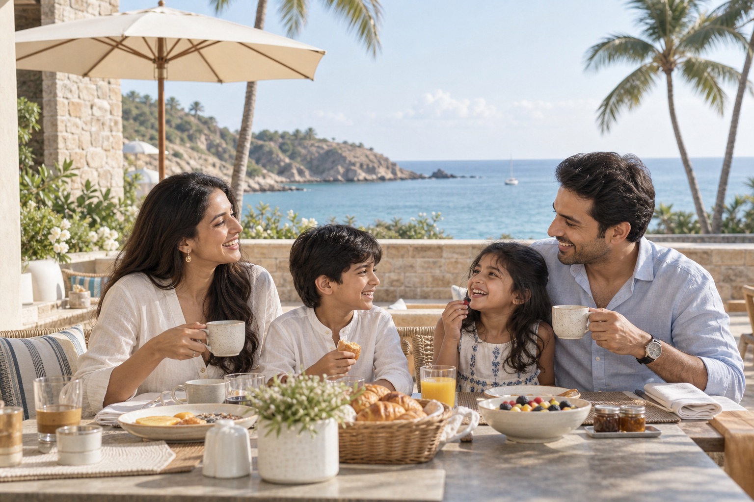 A family sharing breakfast beside the sea