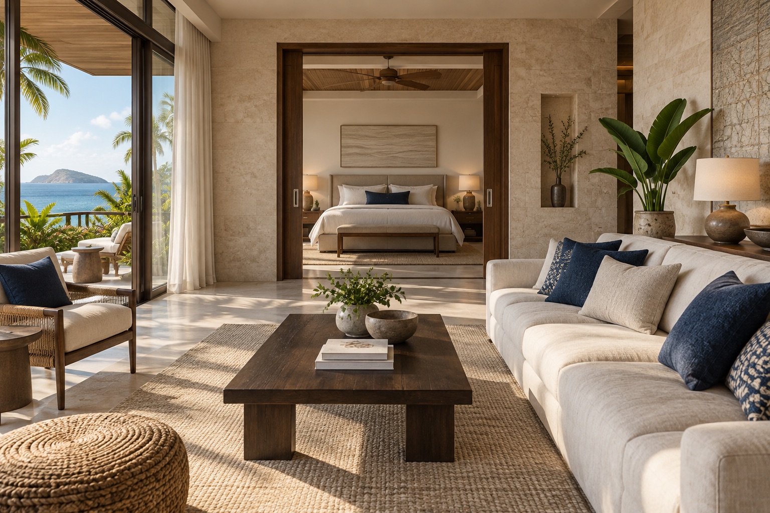 A spacious coastal holiday suite with a sea view